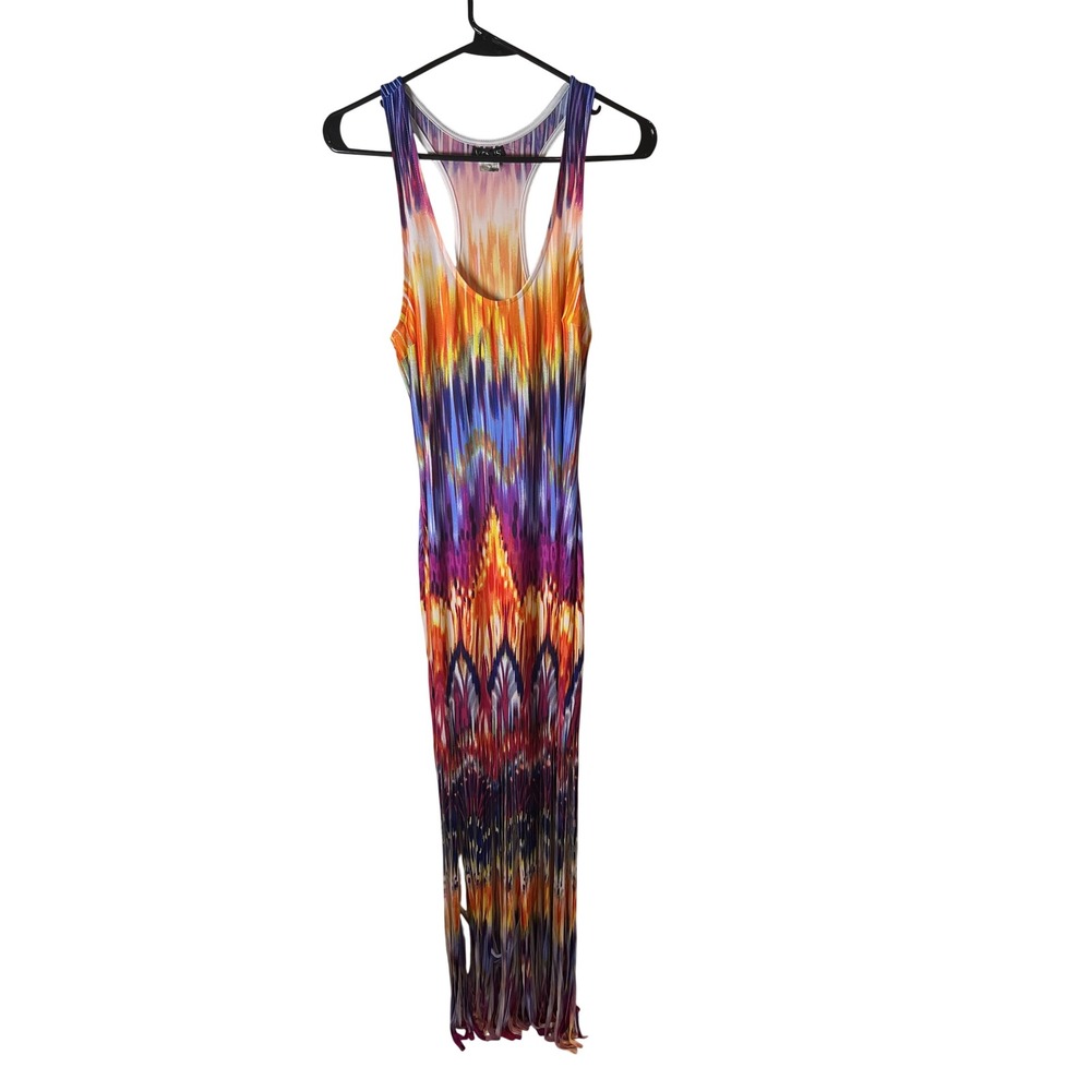 Venus Multi Color Ikat Print Fringe Hem Racerback Maxi Dress Y58349 Medium